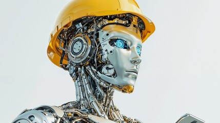 Poster - A robot in a hard hat and headphones holds a tablet in its hands