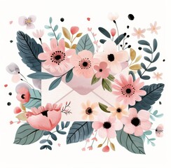 Poster - Floral Design With Pink Blooms and Leaves on Envelope Background