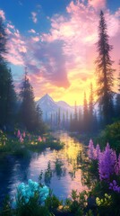 Wall Mural - Sunset over Mountain River with Flowers