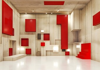 Abstract Minimalist Interior Design with Red Geometric Shapes