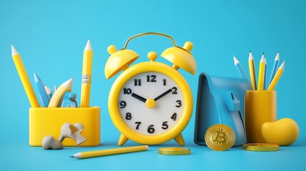 3D Cartoon office set emoji icons. Yellow alarm clock, pencil, bell and gold coin. Business and education concept.