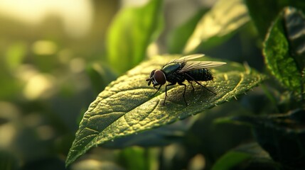 Wall Mural - A fly on leaf. --ar 16:9 --v 6.1 Job ID: 04fcdc53-db1d-485c-88f8-96e8f52cd878