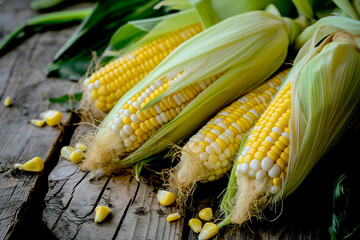 A bountiful harvest of fresh corn on the cob, still wrapped in its husks. The vibrant yellow kernels and dewy leaves 