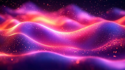 Poster - Colorful abstract waves of light with glowing particles in a dark background