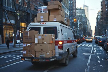 Photo idea: A van parked on a busy city street, with various boxes stacked on top and around it, showcasing a relocation service business in action.