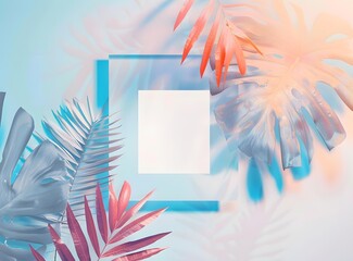 Sticker - Tropical Leaves Frame with White Square on Blue Background