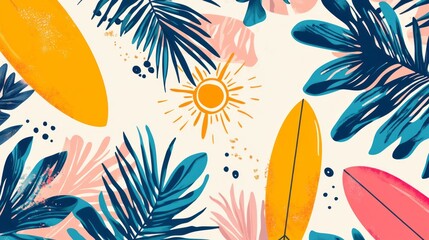 Abstract tropical seamless pattern with palm leaves, surfboard and sun. Hand drawn minimal art background. Surface c