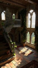 Wall Mural - Old Stone Building With Stained Glass Windows and Ivy Growing Up the Walls