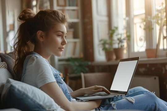 Woman sitting on a cozy sofa at home with a laptop computer open in front of her, featuring a blank display ready for custom graphics or text.