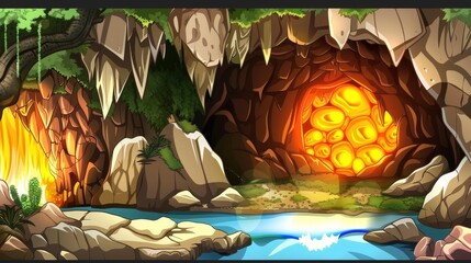 A Cave Entrance with a Glowing Orange Orb and a Stream of Water