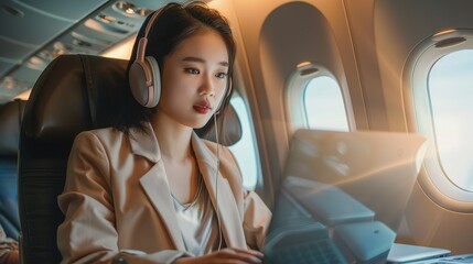 Successful Asian business woman, Business woman working in airplane cabin during flight on laptop computer