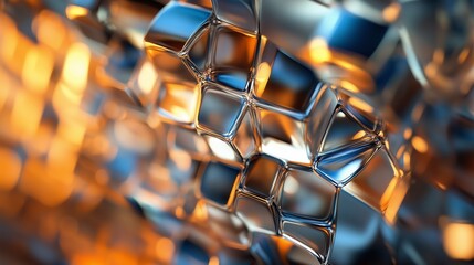 Poster - close-up of interconnected metallic structures reflecting warm light in an abstract design