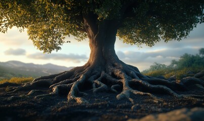 Wall Mural - a tree with roots that are spread out and deep
