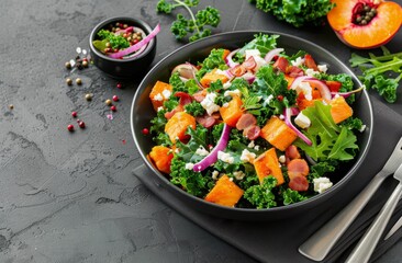 Poster - Colorful Kale Salad With Butternut Squash, Bacon, and Pine Nuts on Gray Table