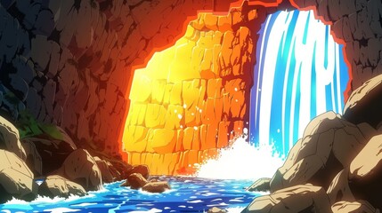 Wall Mural - A Waterfall Cascading from a Cave with a Bright Orange Glow