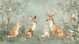 Fototapeta Dziecięca - A kids' wallpaper mural featuring watercolor illustrations of forest animals like a deer, fox, and bunny, set against a green forest background. Perfect for nursery wall art. 