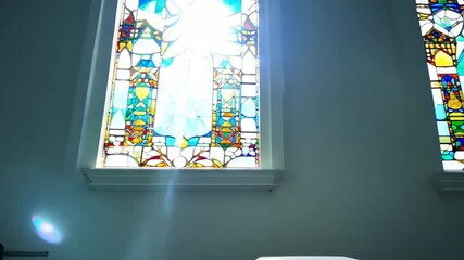 Poster - closeup of stained glass windows in a serene minimalist interior generative ai