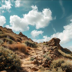 Canvas Print - Rocky Hillside Trail With Blue Sky And White Clouds