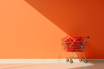 Shopping bags inside shopping cart on empty orange wall