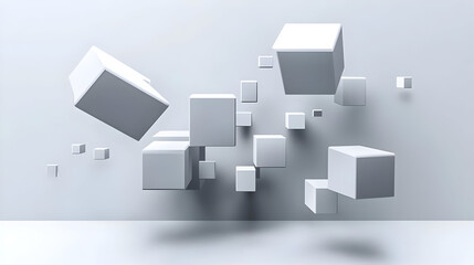 Wall Mural - Abstract composition of floating white cubes against a minimalist background.