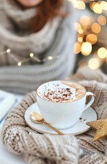 Sticker - Cozy Cup of Hot Chocolate With Whipped Cream and Holiday Lights in a Warm Setting