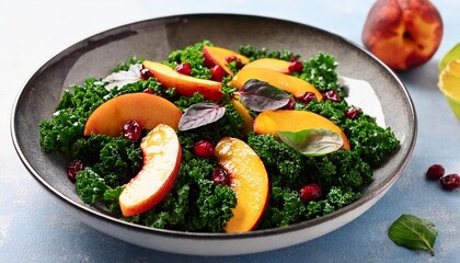 Crisp kale mingles with juicy peaches, plump raisins, and tangy dry cranberries in a refreshing, vibrant salad, drizzled with zesty citrus dressing.