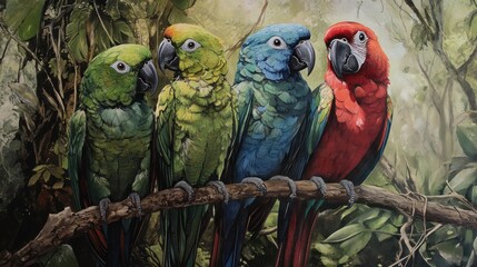 Wall Mural - Four Parrots Perched on a Branch