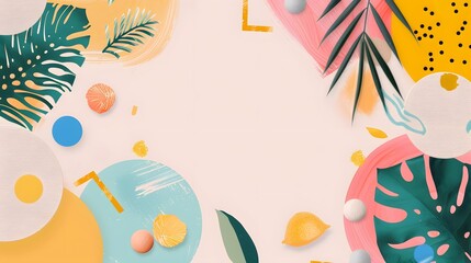  Abstract Summer Background with Tropical Leaves and Colorful Shapes