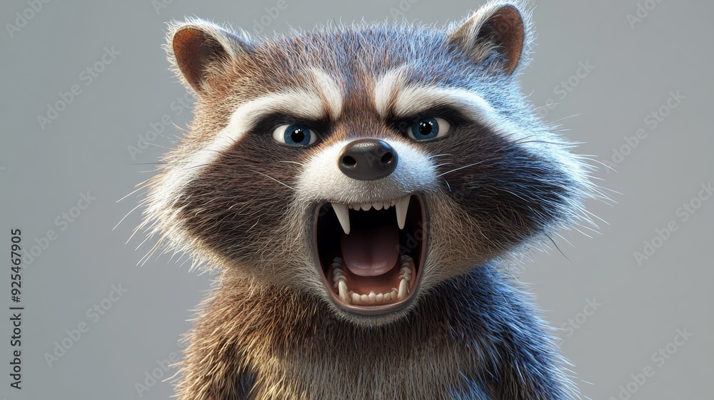 A cartoon raccoon with its mouth open and teeth bared. The raccoon is ...