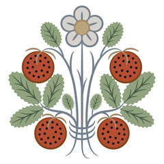 Wall Mural - Stylized strawberry plant. Bouquet with green leaves, white flower and ripe red berries. Vintage floral motif.