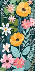 Sticker - Colorful Floral Illustration With Green Leaves