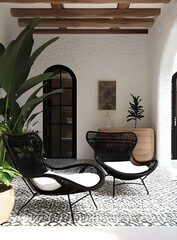 Wall Mural - Black Wicker Chairs on Patio with White Cushions