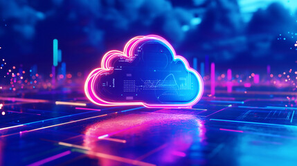 Poster - Futuristic neon cloud computing concept with abstract data and technology elements. Digital cloud symbol glowing brightly in a high-tech virtual environment.