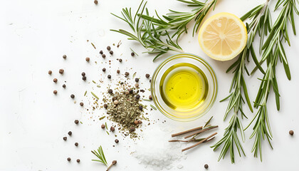 Wall Mural - Bunch of green fresh rosemary with pepper, salt, lemon and oil on the light white background. Herbs and spices for recipes. Top view with copy space