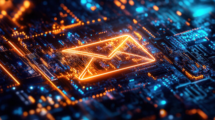 Poster - Futuristic glowing envelope icon on a circuit board, symbolizing digital communication and email technology.