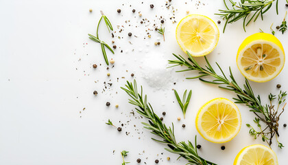 Wall Mural - Bunch of green fresh rosemary with pepper, salt, lemon and oil on the light white background. Herbs and spices for recipes. Top view with copy space