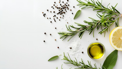 Wall Mural - Bunch of green fresh rosemary with pepper, salt, lemon and oil on the light white background. Herbs and spices for recipes. Top view with copy space