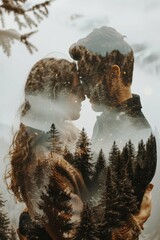 double exposure of man and woman couple hugging portrait and mountain forest landscape, love and family concept