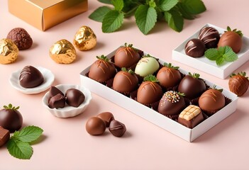 Wall Mural - Assortment of various chocolate candies, truffles, and pastries on a light background, including dark chocolate bars, chocolate-covered strawberries, and other confections