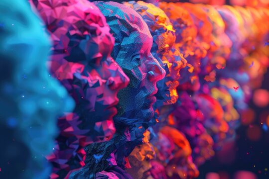 An artistic image of a vibrant and colorful digital art piece featuring a thoughtful expression. Abstract and modern computer graphics painting in futuristic style.