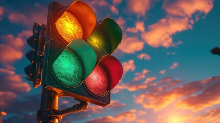 A traffic light in a city at sunset, with the warm glow of the sky reflected on the clouds.