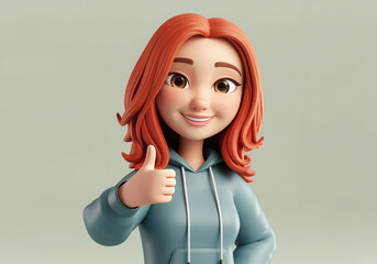 Smiling cartoon character young woman red hair wearing hoodie showing thumbs up gesture 3d style design on light background.