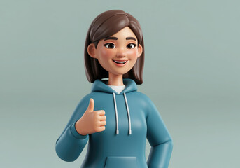 Happy smiling cartoon character young woman in hoodie showing thumb up gesture in 3d style design on light background.