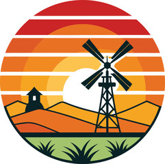 wind turbine and windmill Tshirt Sticker of a retro inspired design 