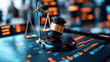 © altitudevisual - Close-up of a gavel and scales of justice on a table with blurred stock market data in the background.