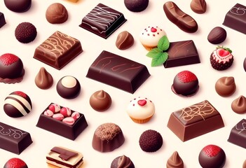 Wall Mural - Assortment of various chocolate candies, truffles, and pastries on a light background, including dark chocolate bars, chocolate-covered strawberries, and other confections