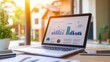 © AI Studio - Laptop on Table Showing Real Estate Website Photos and Graphs Elegant Home Interior Large Windows Sunny Garden
