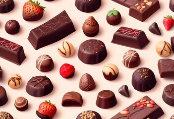 Wall Mural - Assortment of various chocolate candies, truffles, and pastries on a light background, including dark chocolate bars, chocolate-covered strawberries, and other confections