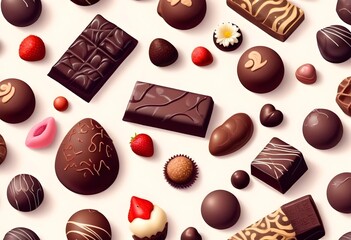 Wall Mural - Assortment of various chocolate candies, truffles, and pastries on a light background, including dark chocolate bars, chocolate-covered strawberries, and other confections