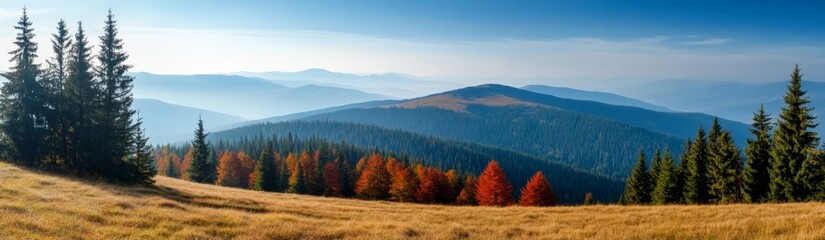 A panoramic view of the Carpathian mountains in autumn, with colorful trees and hills covered in forest